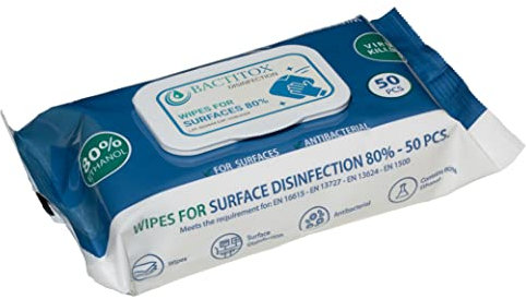 Bactitox 50 Antibacterial Alcohol Wipes - 80% Ethanol - Fast Acting Surface Disinfectant - (1 Pack)