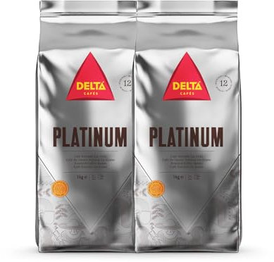 Delta Cafés - Café en Grano Platinum - 2 Paquetes de 1 Kg - Intensidad 12 - Mezcla de Granos de Café Arábica y Robusta con Tueste Natural - Muy Aromático Notas Caramelo, Chocolate y Palomitas