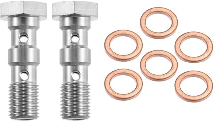 X AUTOHAUX 2 Stück Edelstahl AN3 3/8-24 Gewinde Turbo Bremsleitung Banjo Bolzen mit Kupfer-Unterlegscheiben, Doppel-Banjo-Schraube 31 mm Länge