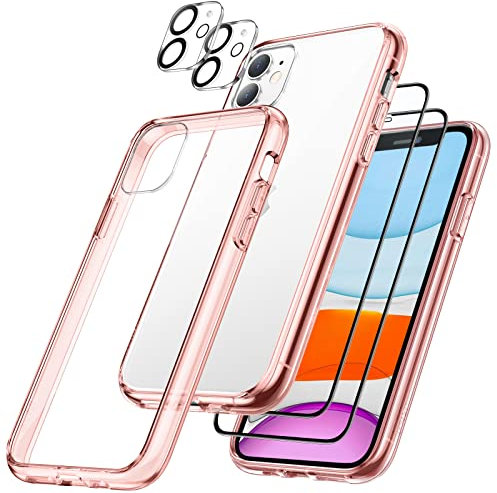 JETech 5 in 1 Hülle für iPhone 11 6,1 Zoll, mit 2 Stück Schutzfolie und 2 Stück Kameraschutz, Full Screen Panzer Schutz Glas Folie Displayschutz Kamera, Stoßfest Handyhülle (Roségold)