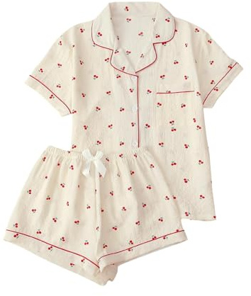 Verdusa Pajamas For Women Set 2 Piece Summer Pajama Sets Cute Pjs Lounge Matching Button Shirt with Shorts Apricot Small