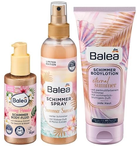 Balea 3er-Set Hautpflege: Schimmer Body-Fluid BLOOMY PARADISE Glow für Körper & Gesicht (75 ml) + Bodyspray SUMMER SUNSET mit Monoi (200 ml) + Schimmernde Bodylotion ETERNAL SUMMER (200 ml), 475 ml