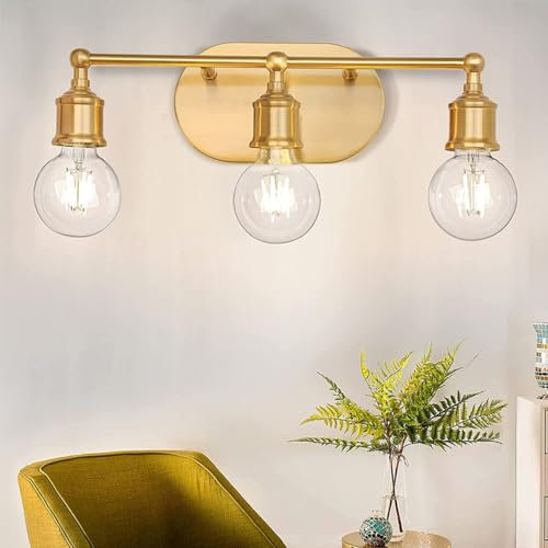 Mengjay Vintage Schwarz/Gold Spiegellampe für Das Bad, Industrial Stil E27 Bad Spiegelleuchte 3 Flamming, Retro Metall Eisen Badezimmer Wandlampe, 42CM Badlampe Wand (Gold)