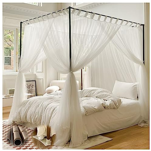 Holzmaserung, Aluminiumlegierung, 4 Ecken, Pfosten, Himmelbett, Vorhänge, Himmelbettrahmen, Pfostenstangen für Schlafzimmer, Bettnetz, Himmelrahmen für Erwachsene, elegant, weiß, voll