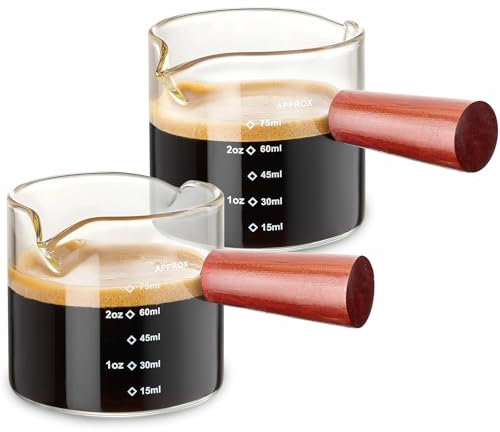 Hlukana Paquete de 2 tazas de espresso con mango de madera, taza medidora de vidrio de doble boquilla de 3.5 onzas con doble escala, accesorios de espresso de vidrio transparente, vaso de chupito de