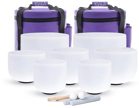 KVKA Set of 7pcs Frosted Quartz Crystal Singing Bowl 432hz 6-12 Inch Sound Healing Meditation Bowls with Carrying Case