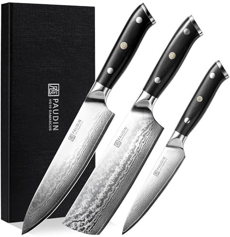 PAUDIN Damastmesser Set, 3-teiliges Messerset aus umweltfreundlichem & nachhaltigem 67 Schichten VG10 Damaststahl mit G10 Griff - Küchenmesser, japanisches messer, und Allzweckmesser mit hoher Härte