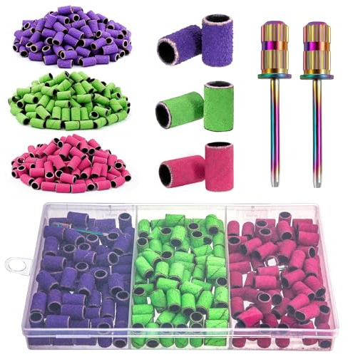 Newellsail 210 Pezzi Bande Abrasive per Punte a Mandrino 80/150/240 Manicotti Abrasive con 2 Punte per Unghie per Manicure e Pedicure