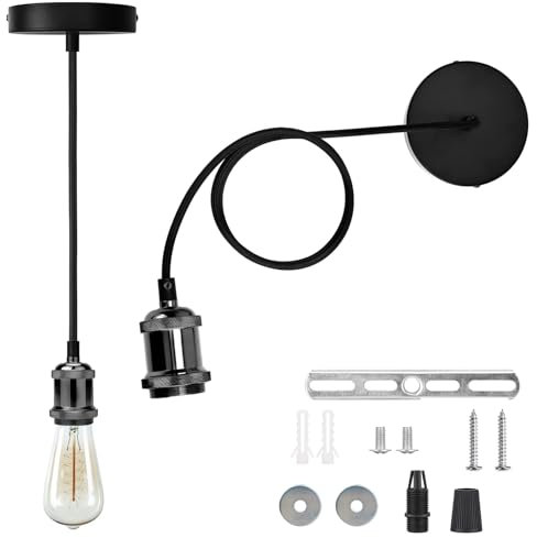 Powice Metall Lampenaufhängung E27 mit Kabel,100cm E27 Retro Fassung mit Kabel,Lampenfassung E27,Höhenverstellbar mit Deckenhalterung,Lampenfassung E27 mit Kabel für Deckenlampe Wohnzimmer