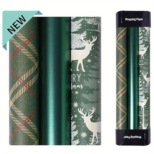 Weihnachten Geschenkpapier - 3 Rollen grün rot kariert, Rentier und Metallic-Folie für Urlaub Geschenkverpackungen liefert -17 * 120 in/Rolle (Weihnachtstag- grüner)