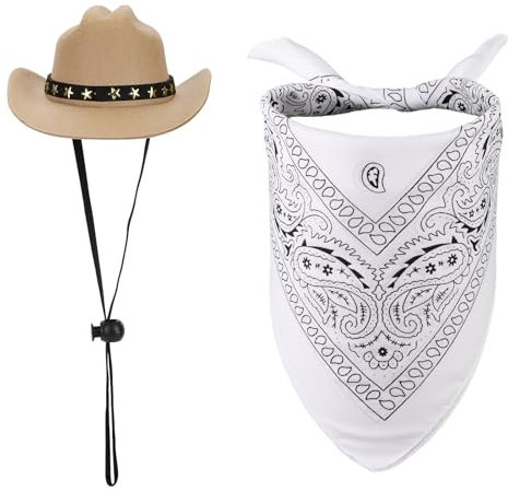 PEUTIER Hundekostüm Cowboy, Cowboyhut & Bandana für Hunde, Beige-Weiß, 10x5,5 cm (B x H), 54 cm Länge, Vliesstoff/Polyester, für kleine Hunde, Halloween, Weihnachten