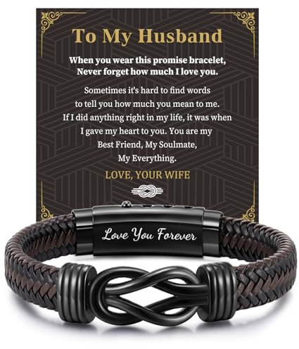 FLHEART Men's Bracelets Gifts for Men - Brown Braided Leather Infinity Knot Bracelets Engraved Letter Love You Forever for Man, Mens Bracelets Gift for Birthday Christmas Anniversary
