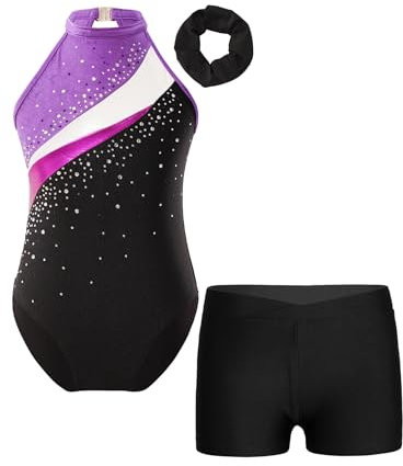 TTAO Gymnastikanzug Kinder Mädchen Ärmellos Turnanzug Trikotanzug Tanz Gymnastik Training Dancewear Gymnastikbody mit Haarband und Shorts Lila & Schwarz A 134-140