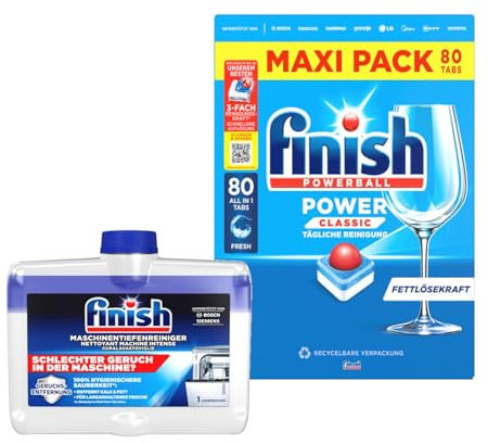 Finish Power Classic Fresh Spülmaschinen Tabs, Maxi Pack, 80 Tabs + Maschinentiefenreiniger 250ml