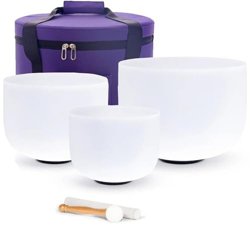 7 G+9 E+11 C Set of 3 Chakra Frosted Quartz Crystal Singing Bowls Chakra Sound Bowls with Case Mallet Suede Striker and O-Rings 432 Hz 432hz