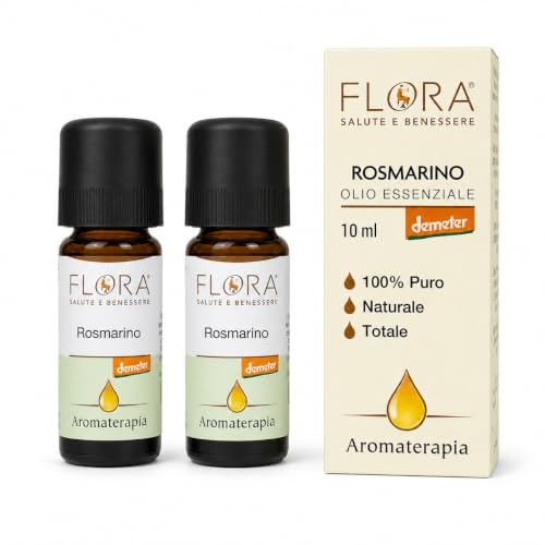 Flora Olio Essenziale Rosmarino pack da 2 Pz da 10 ml Bio Demeter – Distillazione a Vapore, Aromaterapia, Diffusore Oli Essenziali – Aroma da Diluire – Erbaceo, Naturale Puro, Biodinamico