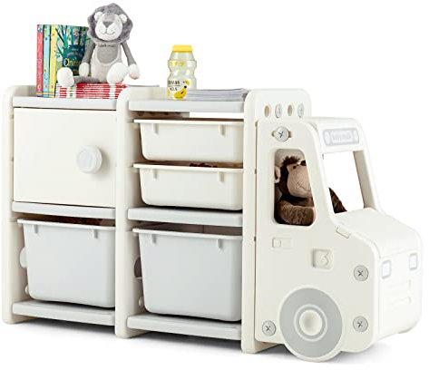 Kinderspielzeug-Aufbewahrungsschrank mit herausnehmbaren Behältern und Schrank, Beige/Grau, Auto-Form, 112 x 35 x 66 cm