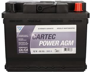 CARTEC Autobatterie POWER AGM 60 AH / 660 A KSN A01, Starterbatterie mit langer Lebensdauer, auslaufsicher, geeignet für alle Fahrzeuge, besonders für Start-Stopp-Systeme, schwarz