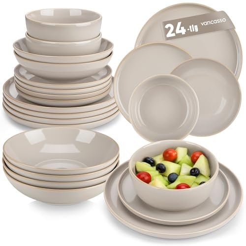 vancasso Playa Dinner Sets for 6 People, 24 Pieces Stoneware Plates and Bowls Set, Scratch Resistant Dinnerware Sets for Everyday Dining, Dishwasher and Microwave Safe, Soft Beige