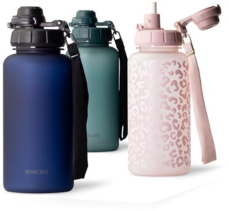 MAMEIDO Gourde 1l avec Paille & Marqueur de Temps de Motivation, Gourde Sport avec Dragonne, Gourde Enfant étanche, Bouteille d'eau sans BPA, Water Bottle (Dark Night, 1000ml)