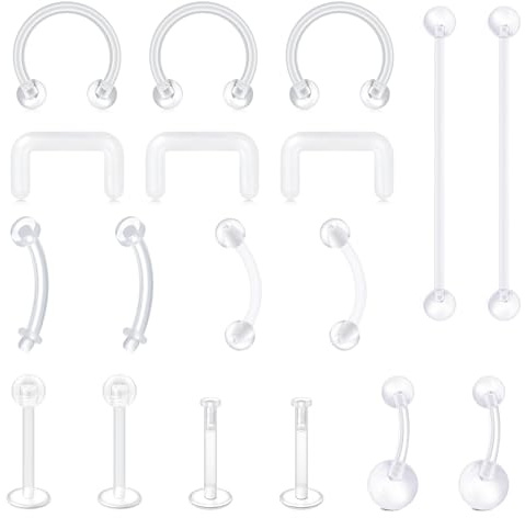 D.Bella Clear Piercing Retainer Set Bioflex Clear Nose Lip Labret Stud Septum Hoop Eyebrow Tongue Belly Button Piercing Ear Ear Earring Cartilage Plastic Industrial Retainer