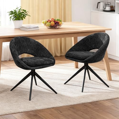 BonVache Esszimmerstühle Drehbar 2er Set, 360° Drehbar Küchenstuhl Polsterstuhl Leinen, Stühle mit Rückenlehne, Metallbeine, Gepolsterte Sitzfläche für Küche, Wohnzimmer, Esszimmer, Dunkelgrau