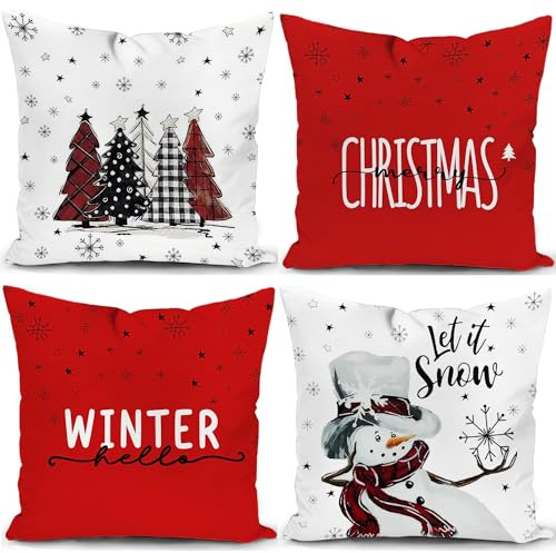 KUNQIAN Christmas Cushion Covers Xmas Decorations Red Snowman Winter Throw Pillow Cover Set of 4 Christmas Decor For Sofa Living Room Home 18x18 Inch 45x45cm