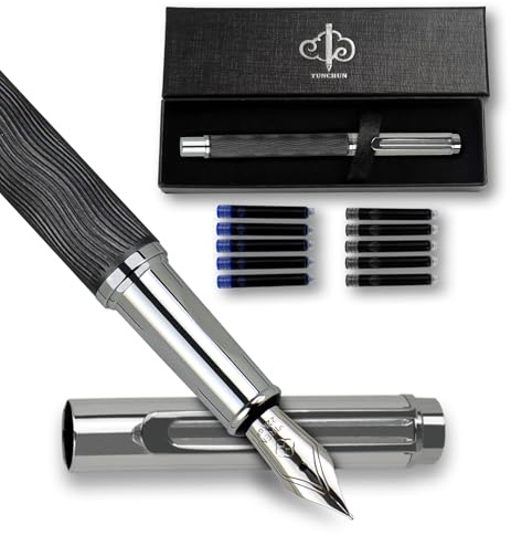 YUN CHUN Four-color Wave Fountain Pen Set, Refillable pens with 10 Ink Cartridges, Pens Set for Men Gift, Fountain Pens Medium Nib, Boligrafo Elegante Black Ink, Streamline Design Ink Pen, Grey