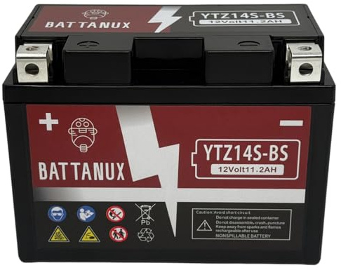 Battanux YTZ14S-BS Batterie Moto 12V 11.2Ah AGM – Haute Capacité, Sans Entretien, Anti-Fuite, Prête à l’Emploi pour Moto, ATV & UTV