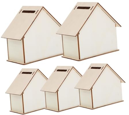 VICASKY Holz Kinder Sparschwein 5 Stück Selbstgemacht Spardose Hausform Weiß Natur Unbemalt Wechselbox Kinderzimmer Deko Geschenk