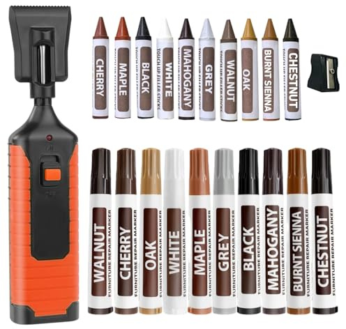 22 Pcs Laminate Floor Repair Kit, Vinyl Floor Repair Kit with Electric Heating Pen,10 Furniture Touch up Pens &10 Wax Repair Sticks, Pencil Sharpener, Restore Floor Door Cabinet Worktop