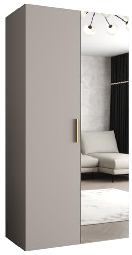 MEBLE KRYSPOL - Kleiderschrank - Garderobenschrank - 100 cm x 202 x 52 cm - Schrank mit Kleiderstange und Spiegel, 2 Türen - für Schlafzimmer, Flur - BARI, Kaschmir, Griff Gold