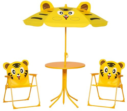 Outsunny Tavolo da Picnic per Bambini con 2 Sedie e Ombrellone Giallo