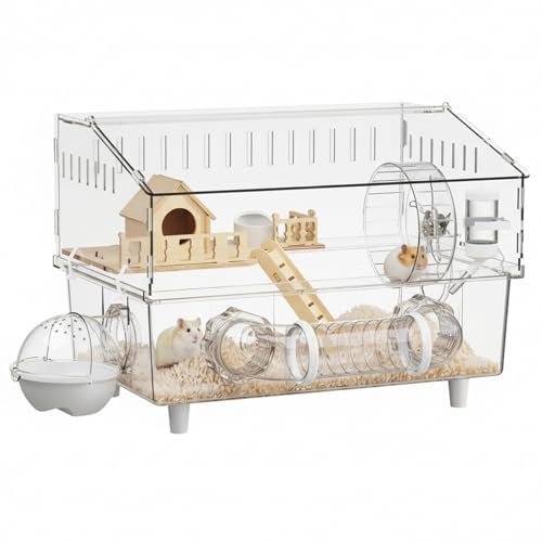 Großer Hamsterkäfig, 2-lagiger, geräumiger Hamsterkäfig, groß, mit durchsichtigen Paneelen und Holzversteck für einfache Reinigung (9-teiliges Set)