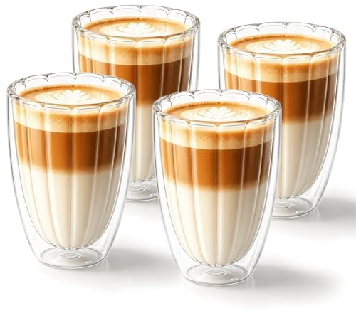 twoant Längsstreifen Doppelwandige Gläser Latte Macchiato 350ml 4er Pack Kaffeegläser Cappuccinotassen GlassesThermogläser Matcha Latte Glas aus Borosilikatglas