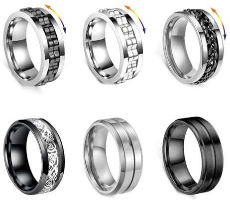 LOCCY Männer Edelstahl Spinner Ringe, 6 Stück Schwarze Spinner Kette Link geformt Band, Edelstahl Spinnere Ring Set für Männer Frauen, 8mm breit, Geschenk zum Vatertag