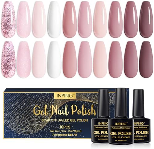INPING Gel Nail Polish, Nude Pink 10 Colors UV LED Nail Varnish 8ML | Spring Summer Fall Winter Polish for Women Nail Art Manicure Salon Easy To Apply Christmas Halloween