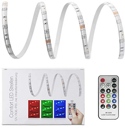 12 Meter Set: RGB LED Strip Streifen Leiste (12m, 30 LED/m, IP65) mit Controller, 17 Tasten Fernbedienung, 10A Netzteil und 1 LED Band Verbinder