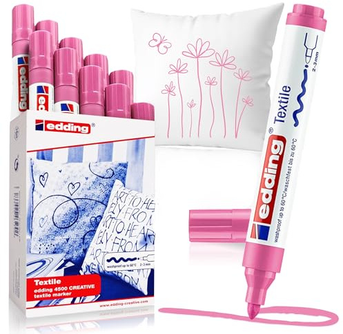 edding 4500 textile marker - pink - box of 10 - round nib 2-3 mm - permanent fabric markers for drawing on textiles, wash-resistant up to 60 °C - marker pens for fabric lettering