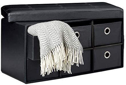Relaxdays faltbare Sitzbank mit Stauraum in 6 entnehmbaren Fächern HBT: 38 x 76 x 38 cm Sitztruhe aus Kunstleder zum Falten mit Aufbewahrung Ottomane mit entnehmbaren Körben Sitzhocker, schwarz