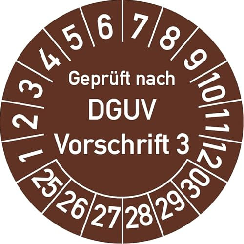 Geprüft nach DGUV Vorschrift 3 Prüfplakette, 500 Stück, in verschiedenen Farben und Größen, Prüfetikett Prüfsiegel Plakette DGUV V3 (20 mm Ø, Braun)