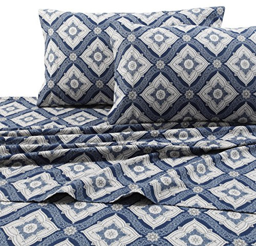 Tribeca Living Flannel Sheets Twin XL Size - 100% Cotton Flannel Sheet Set, 200 GSM Deep Pocket Twin XL Flannel Sheets, 3 Piece Ultra Soft Brushed Cotton Flannel Sheet in Damask Dark Blue Print