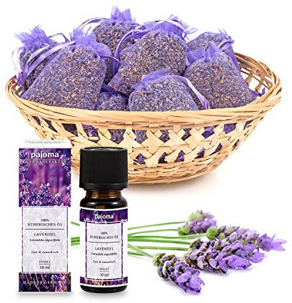 Lavendel Set - 10 Duftsäckchen + 10ml Ätherisches Duftöl Lavendel | Natürlicher Raumduft, Mottenschutz & Aromatherapie | Für Kleiderschrank, Auto & Diffuser - pajoma®
