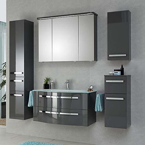 Lomadox Badezimmer Möbel in grau Hochglanz, Waschtischunterschrank 90cm mit Glaswaschbecken, Spiegelschrank, montierte Möbel - Made in Germany