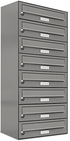 AL Briefkastensysteme 8 er Briefkastenanlage Aluminiumgrau RAL 9007, Premium Briefkasten DIN A4, 8 Fach Postkasten modern Aufputz