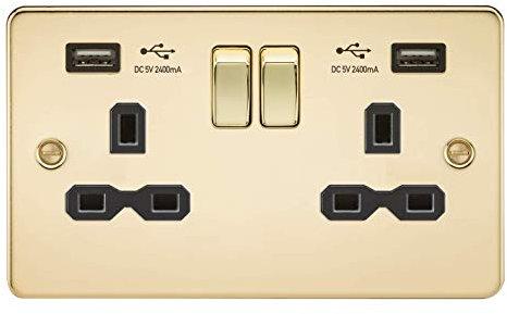 Flat Plate Double Socket with Dual USB Charger in Polished Brass with Black Insert
