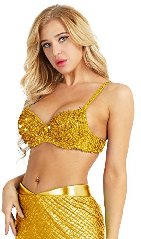 inlzdz Damen Glitzer Pailletten Bügel BH Bra Top Dessous Bikini Oberteil Rave Disco Bustier Top sexy Halter Party Clubwear Bauchtanz Tanzkostüm Gold L