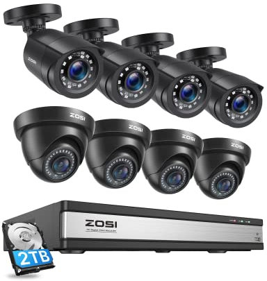 ZOSI H.265+ 1080p 16 Channel Security Camera System,16 Channel DVR with Hard Drive 2TB and 8 x Outdoor Indoor CCTV Bullet Cameras 1080p with Long Night Vision and 110° Wide Angle