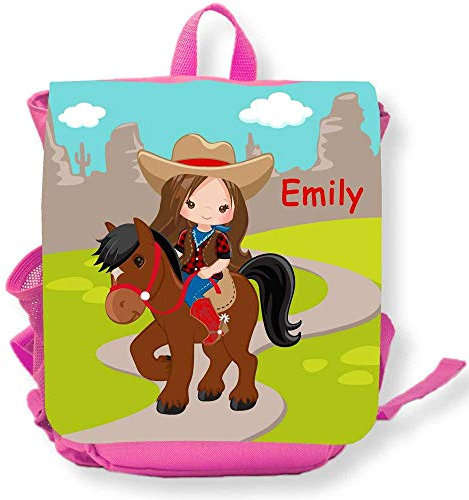 SL-Store GbR Kindergartenrucksack pink Pferd Reiterin hellbraune Haare Mädchen Kleinkind Kinderrucksack für Kita Kindergarten personalisiert Name Bedruckt