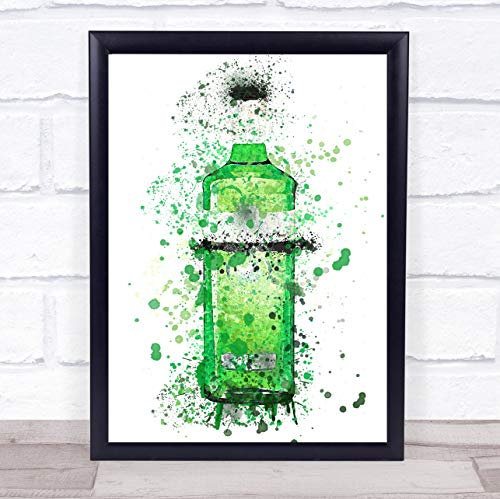 Watercolour Splatter Green Gin Bottle Wall Art Print